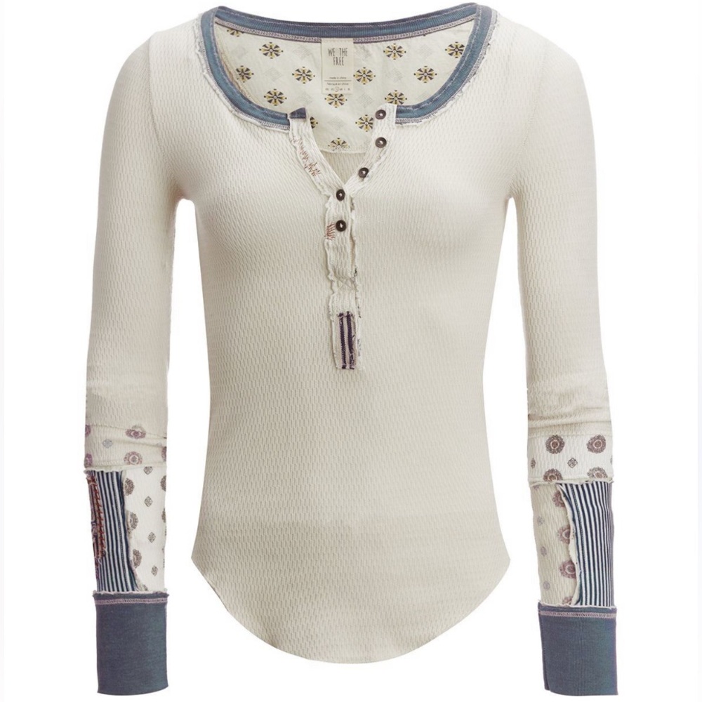 Free People Railroad Henley Ivory Patchwork Thermal long sleeve top